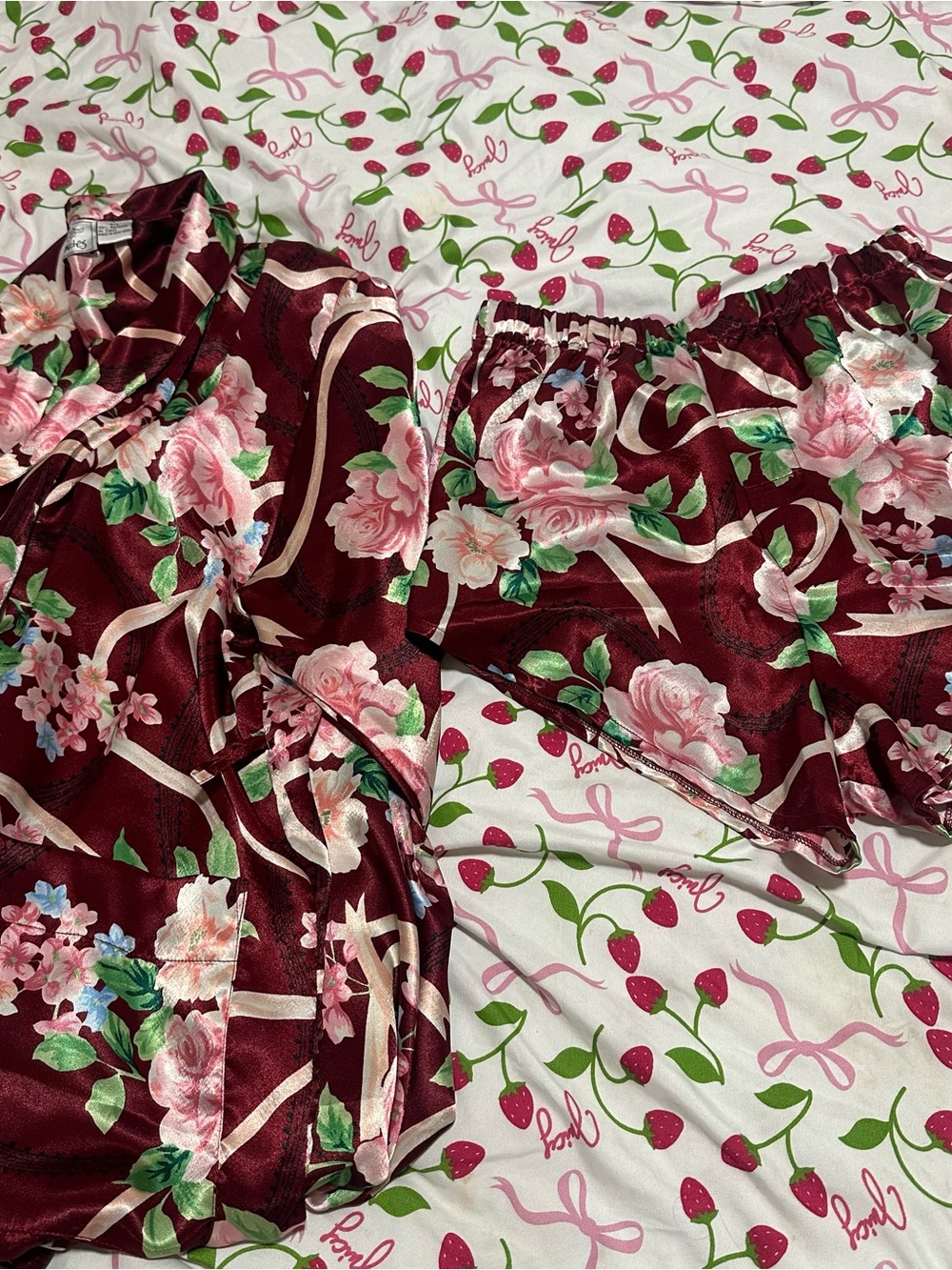 Silky Floral Burgundy Satin Robe Set -